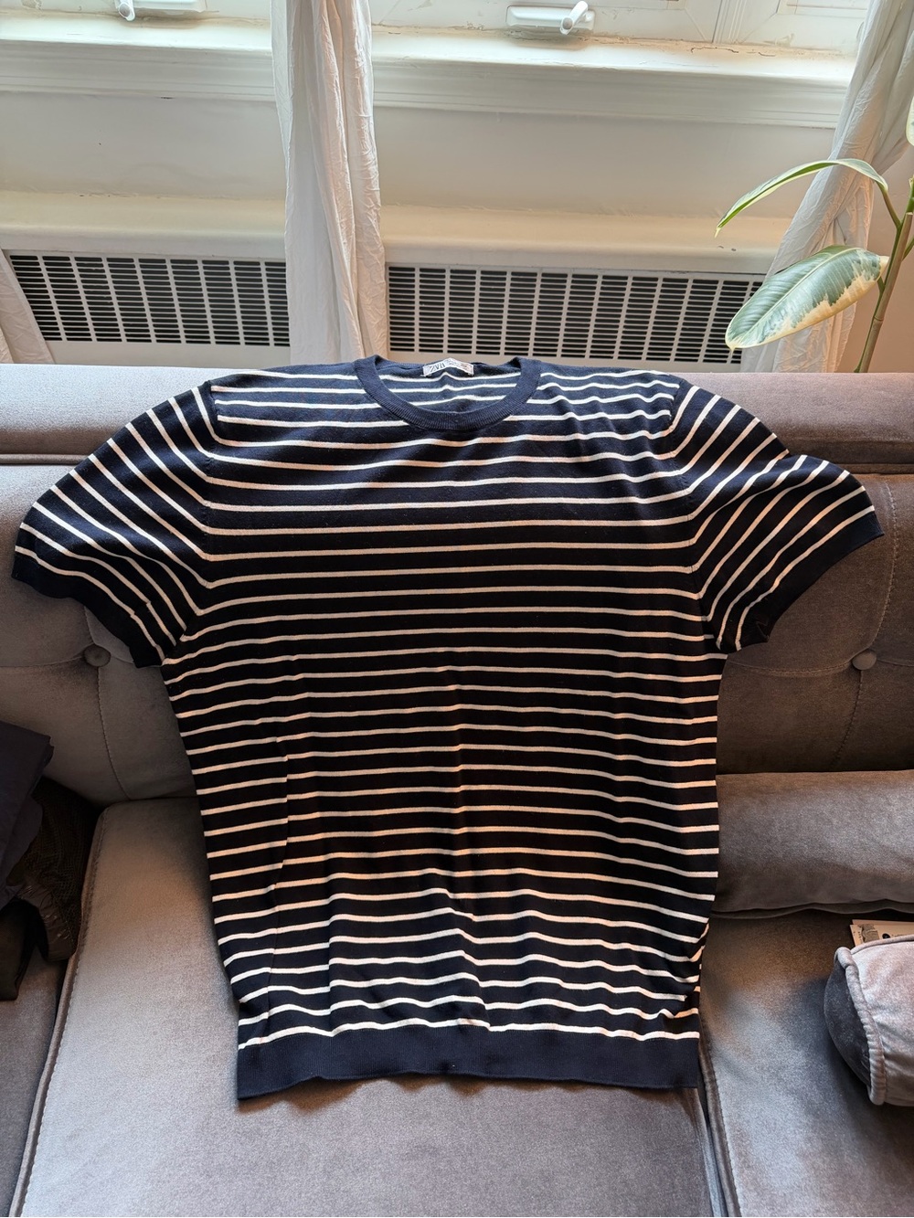 Zara Classic Navy and White Striped Short-Sleeve Crewneck Sweater